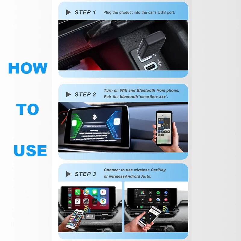 Nowy przewodowy do bezprzewodowego CarPlay i Android Auto 2w1 Mini Adapter 5GHz WiFi5 Odpowiedni dla 99% oryginalnych przewodowych carplay/auto samochodów — zdjęcie 6