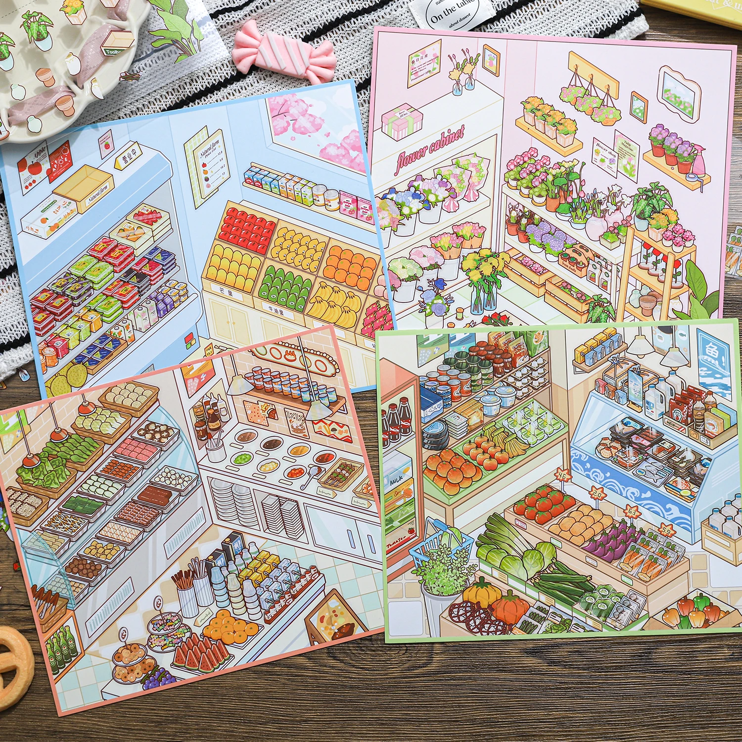 Kawaii 3D Cartoon Miniature Scene Fun Simulation Store Management Style Stickers DIY Scrapbook Materials Scene Stickers