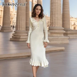 TWOTWINSTYLE Temperament Spliced Ruffles Dress For Women Round Neck Long Sleeve High Waist Knitting Dresses Female New KDR510208