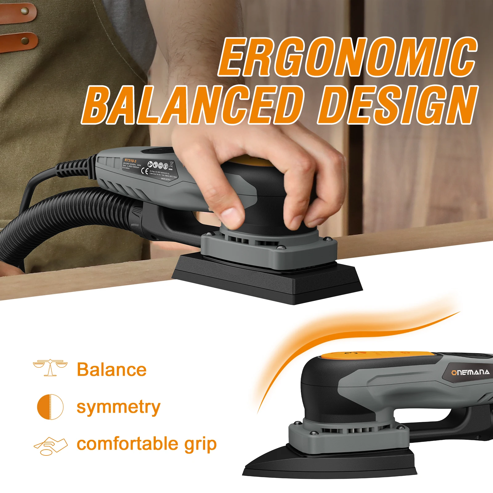 Image of 2-in-1 Detail- und Handflächenschleifer, bürstenloser elektrischer Exzenterschleifer mit 4000-10000 OPM, Staubabsaugung, 20 Schleifpapiere für Holzarbeiten und enge Räume, ergonomisches symmetrisches
