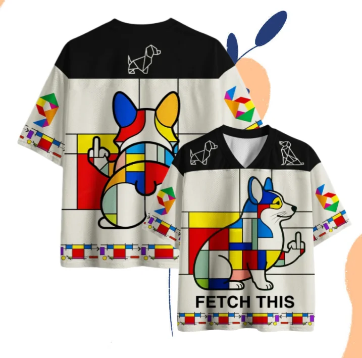 Mondrian Color Block Corgi Rugby Jersey Geometric Color Contrast Funny 3D Printing Adult Children's Loose Short Sleeves