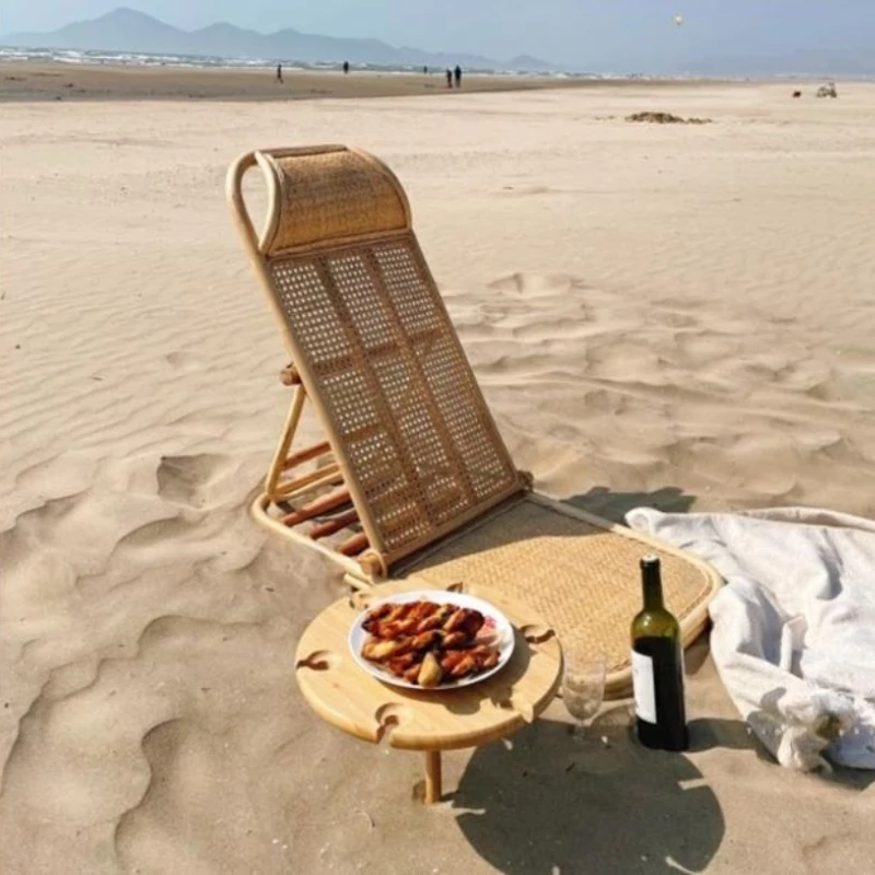 Rattan Woven Folding Lounge Chair, Portable Multifunctional Tatami Seat for Beach Patio Balcony Outdoor Home Furniture
