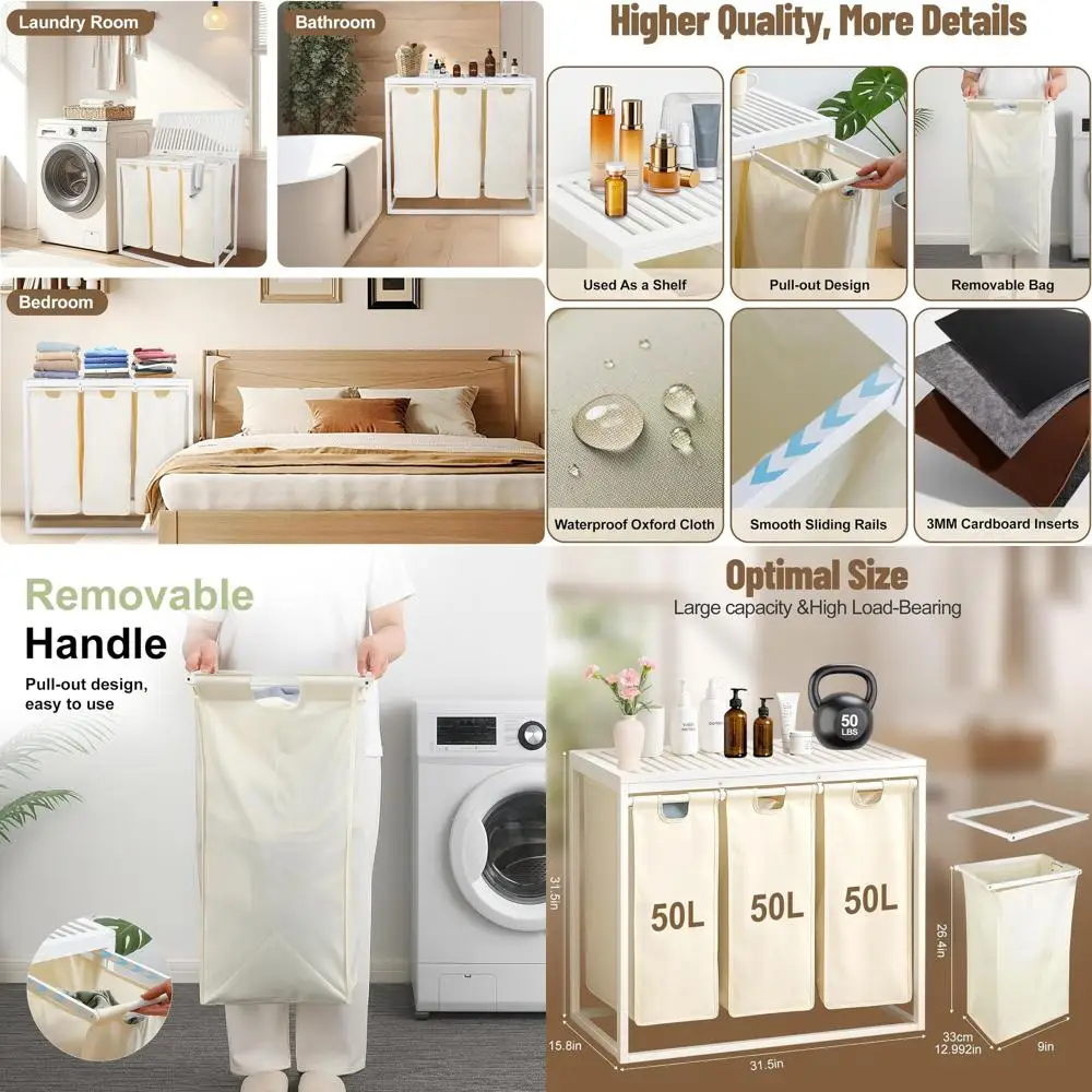 

3-Section Laundry Hamper with Lid and Removable Washable Bags, 150L Sorter for Laundry Room and Bathroom (White)