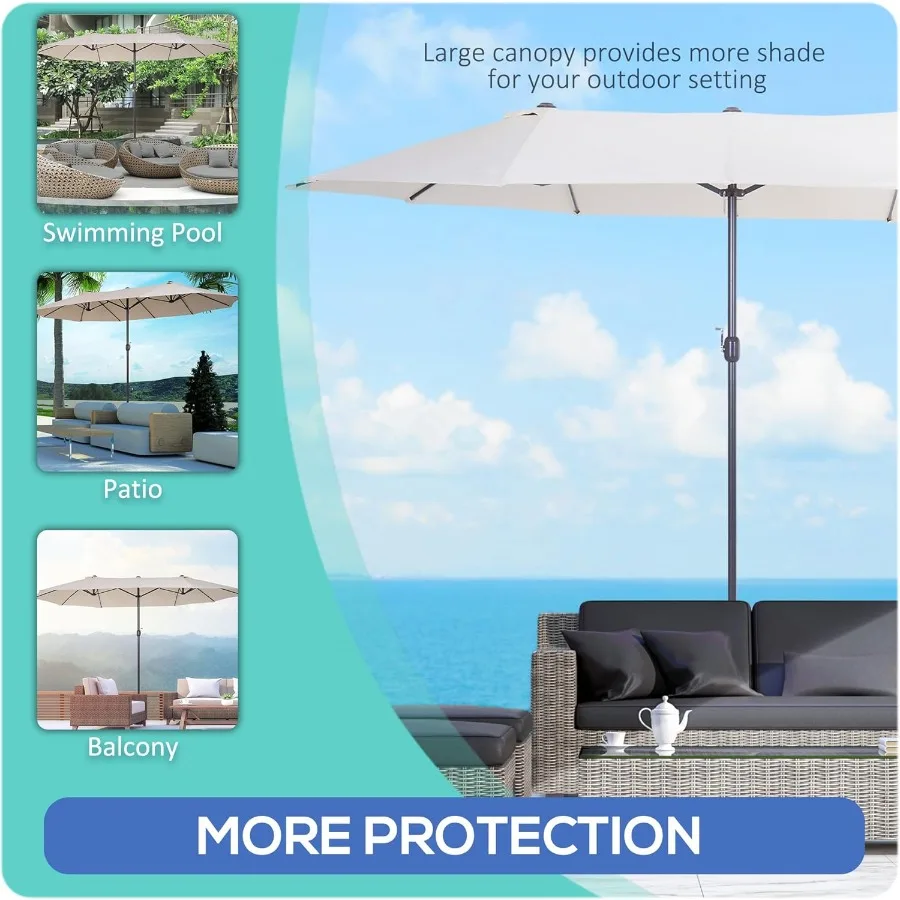 مظلة فناء كبيرة جدًا بطول 15 قدمًا من Outsunny مظلة خارجية كبيرة على الوجهين مع مقبض كرنك وفتحات تهوية لسطح الفناء الخلفي