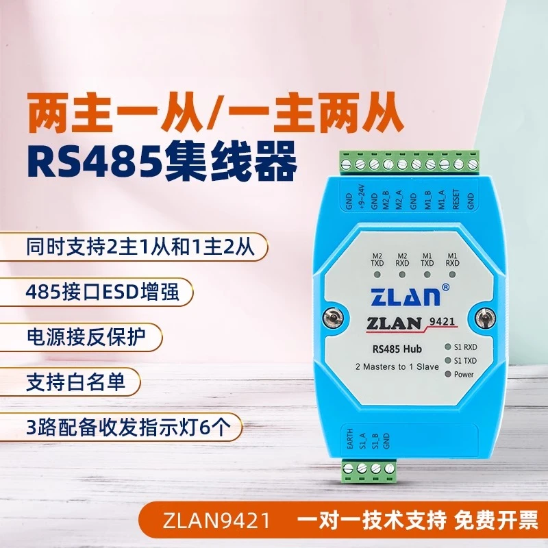Repetidor de carril multimaster-one-slave/one-master-two-slave cached rs485 hub Modbus multimaster 485hubZLAN9421