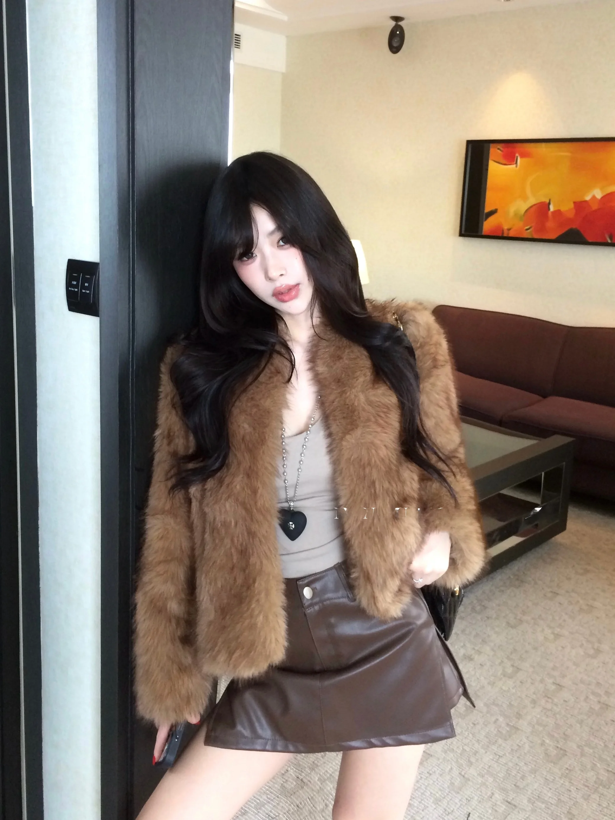 

NogiUnit Fur Collar Plu Jaet Youth Faion Simulation Fur Coat with Cotton Sandwich Long Sve Slim Fit ort Sle