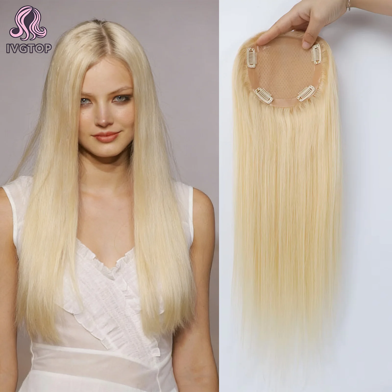 

Light Blonde #613 Silk Base Topper Full Hand Tied Real Remy Human Hair Skin Top Toupee PU inside Breathable For Woman‘s gift
