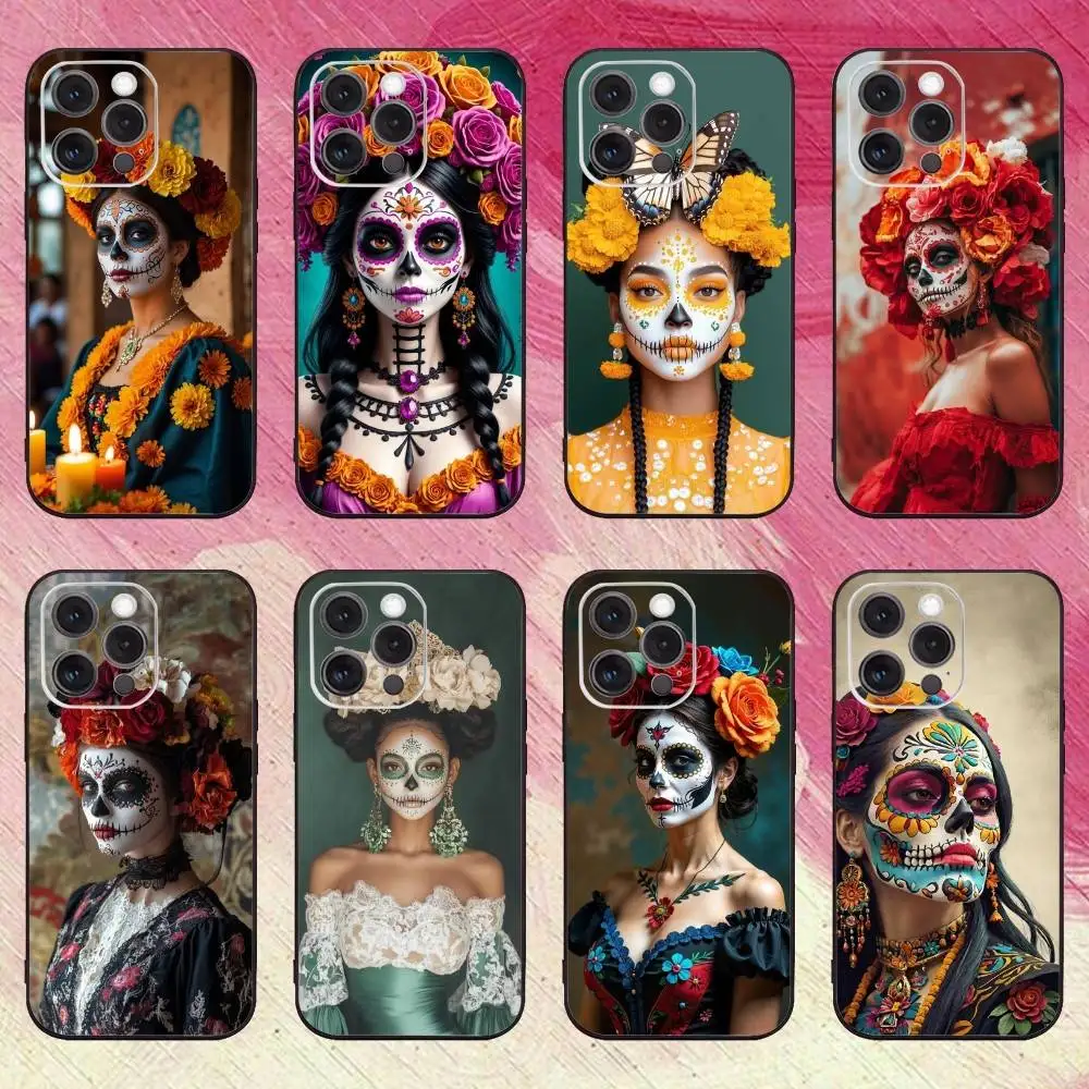 

Day of the Dead Mexican Catrina Skull Phone Case For iPhone17,16,15,14,13,12,11 Plus,Pro Max Soft Black Cover
