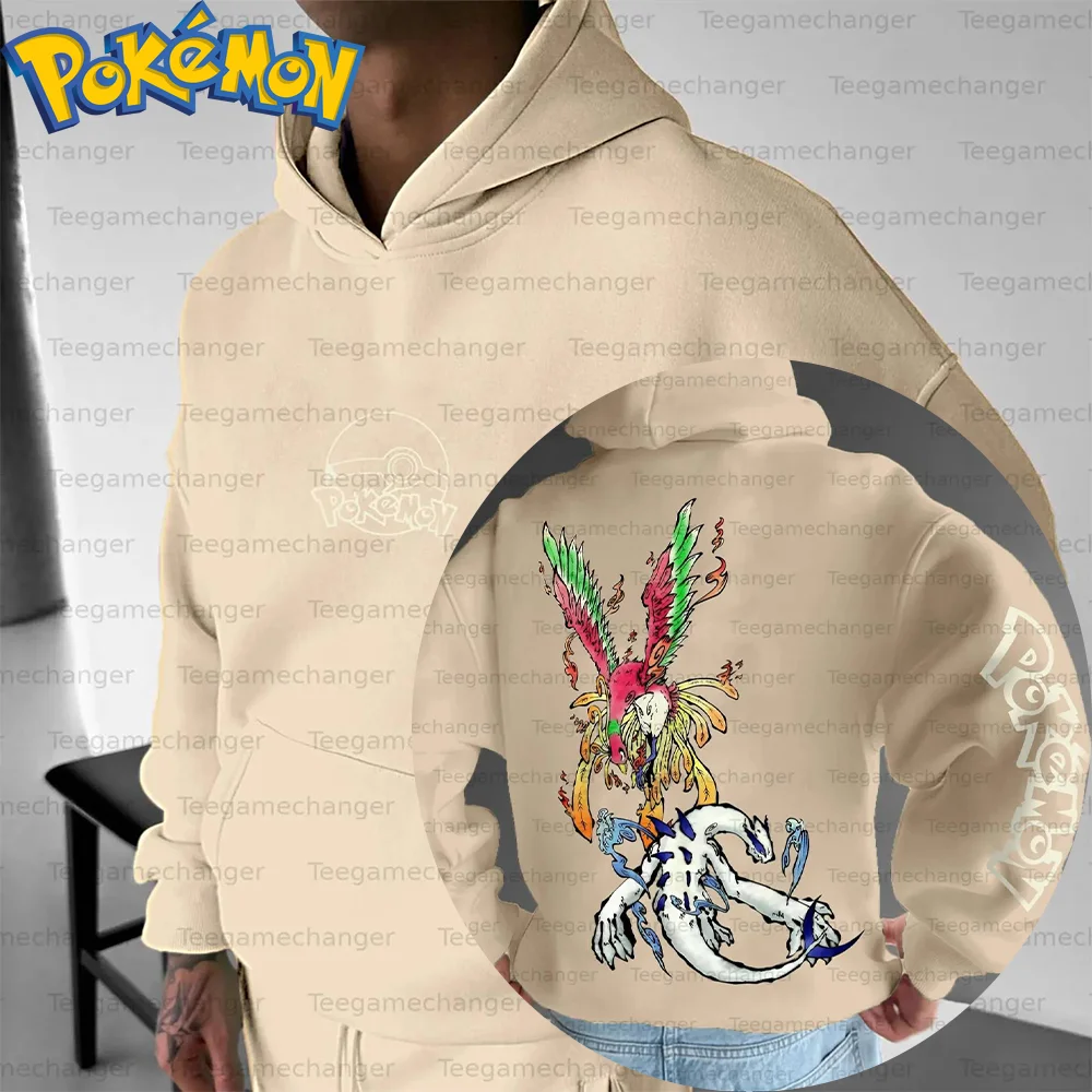 

Pokemon Anime Cotton Hoodie Harajuku Pants Set Beige Colorful Phoenix Creature Print with White Beast Pattern Two Piece Outfit