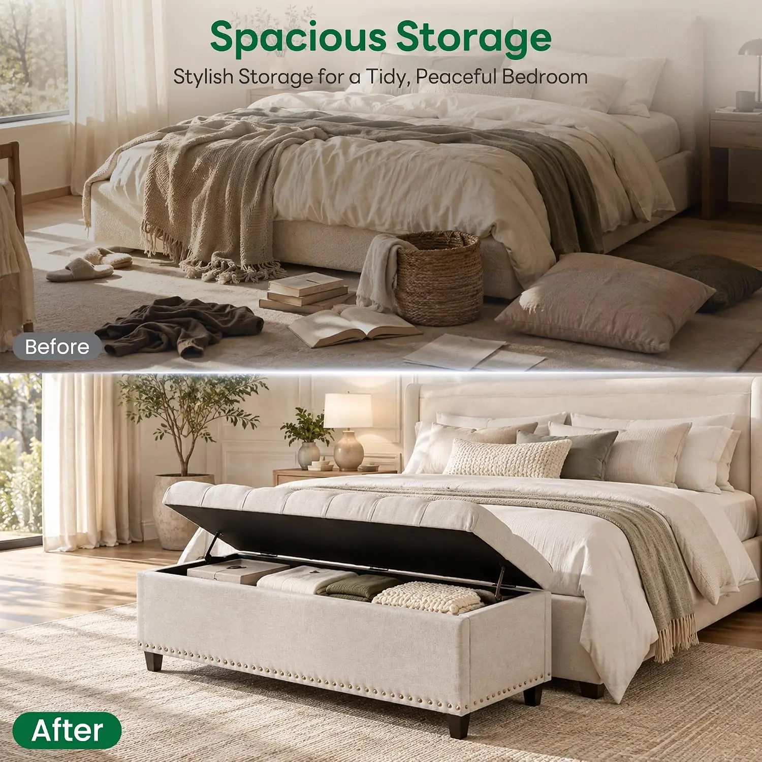 Button-Tufted Storage Ottoman Bench with Safety Hinge, Large End-of-Bed Footstool for Bedroom Living Room, Beige, Customized