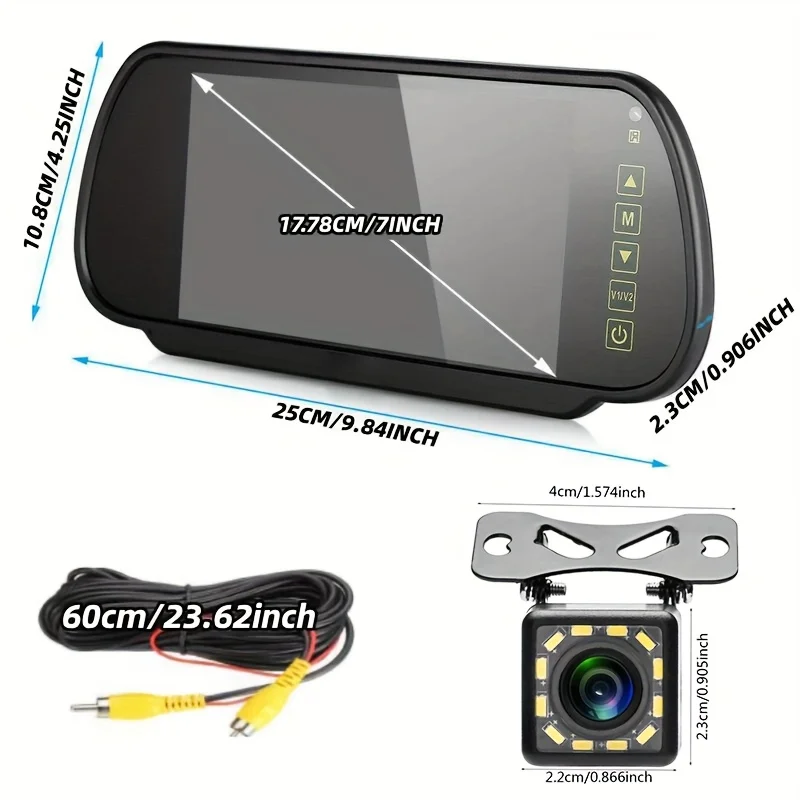 7-Inch Rearview Mirror Display with 12 LED Backup Camera Kit, Universal Reverse Parking System for Trucks, Pickups