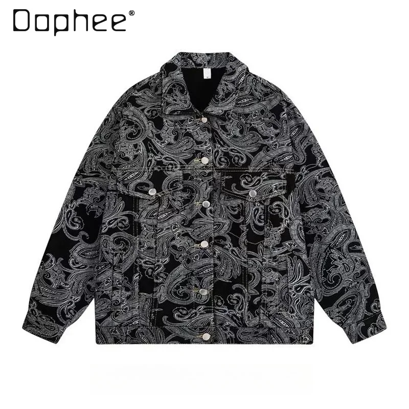 Men's Amercian Hiphop Retro Paisley Print Denim Jacket Casual Loose Long Sleeve Button Up Streetwear Coat for Spring and Autumn