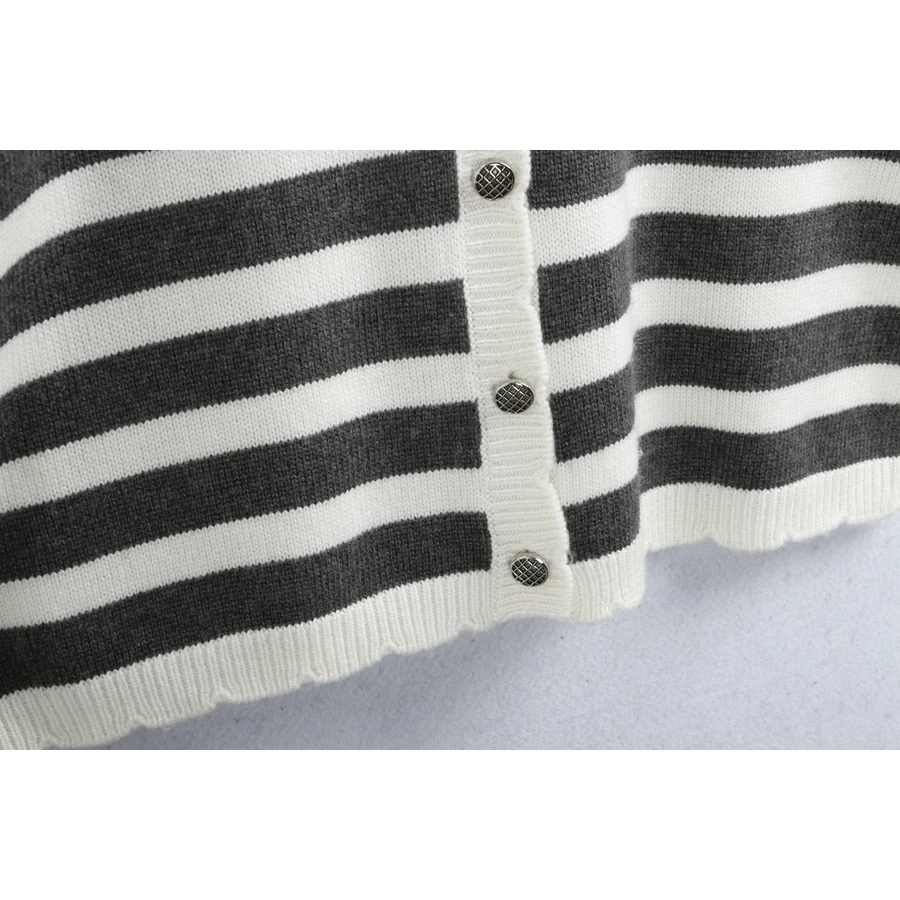 805 سترة محبوكة مخططة مفتوحة للخريف والشتاء V-Ne مقاس كبير كشكش اللون Blo التخسيس زر متعدد الاستخدامات طويل Sve W...