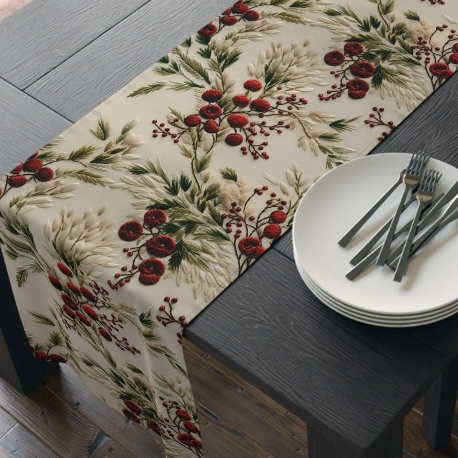 Botanical Christmas Table Runner: Floral Winter Holiday Decor,Xmas Home Decor Festive Dining Runner Christmas Table Decor