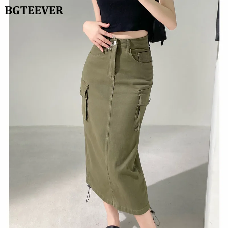 BGTEEVER Vintage High Waist Drawstring Cargo Skirts for Women Streetwear Loose Pockets Female Long Denim Skrits