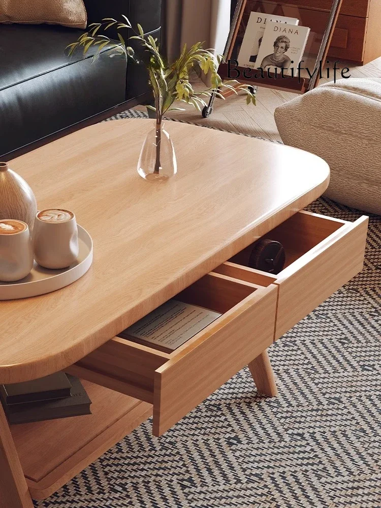 6 طاولة القهوة الخشبية الصلبة الشمال العتيقة طاولة استخراج مزدوجة غرفة المعيشة طاولة شاي بسيطة مع درج أثاث غرفة التخزين