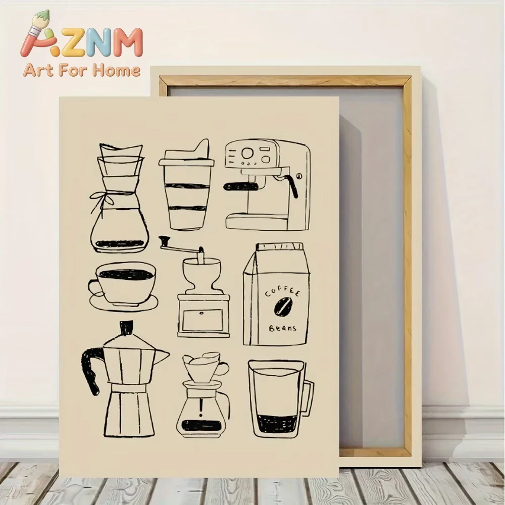 AZNM Coffee Equipment Line Art Canvas Wall Art Minimalist Sketch Coffee Maker Cup Beans Kitchen Wall Decor Unframed Canvas Poste
