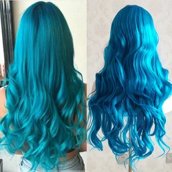 Sky Blue Synthtetic Wig With Bangs Long Natural Wavy Hair Wigs for Women Heat Resistant Cosplay Wig Machine Made 180% Daily Use