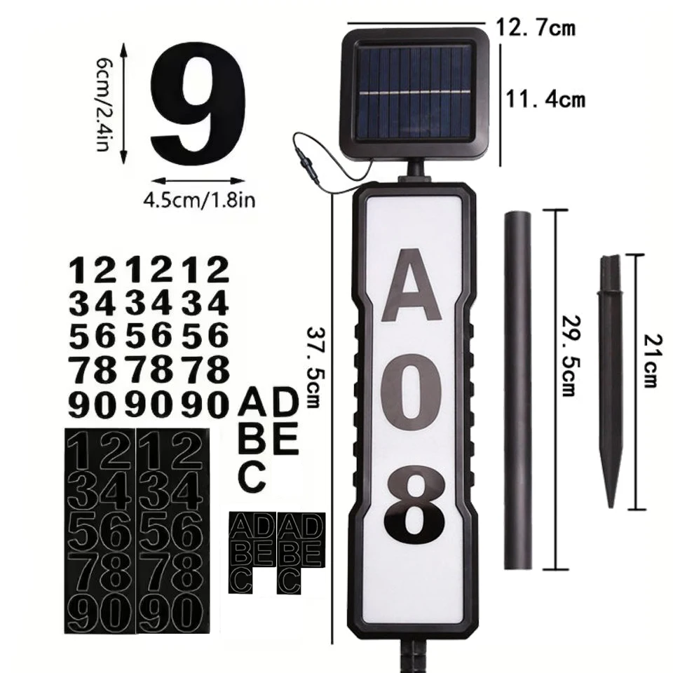 Solar Powered Address Light, 360-Degree LED House Number Sign Solar Address Sign Includes 2 X20 Numbers &2 X 5 Letters (A to E)