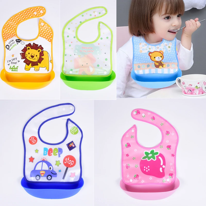 Detachable Rice Pocket Baby Bib Imitation Silicone Waterproof Bibs For Baby Kids Burp Cloth Cartoon Adjustable Feeding Bavoir