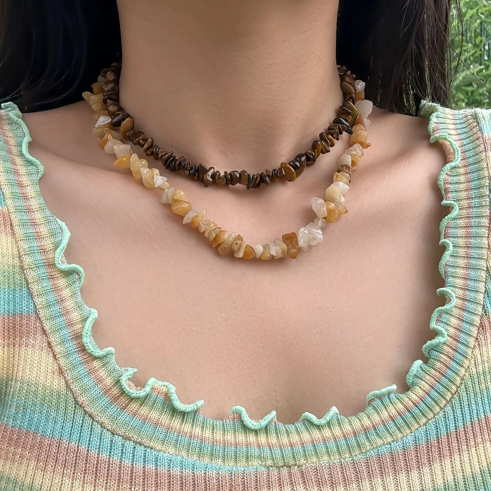 Necklace Irregular Multicolor Stone Chips Dragonfly Crystal Pendant Layered Bohemian Beach Vacation Jewelry for Women Gold Tone