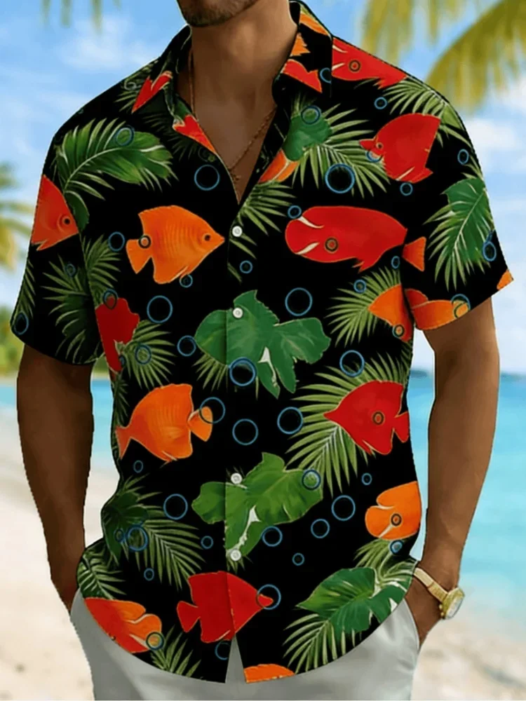 

Men's Tropical Fish & Palm Leaf Print Short Sleeve Shirt Summer Beach Vacation Casual Blouse Turn-Down Collar Loose Tops