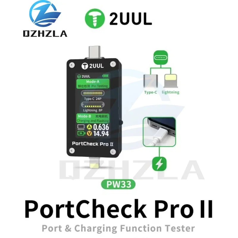 2UUL PW33 PortCheck Pro II Charging Port Diagnostic Tester Real Time Read Voltage Current Power Value Type C Lightning Port Faul