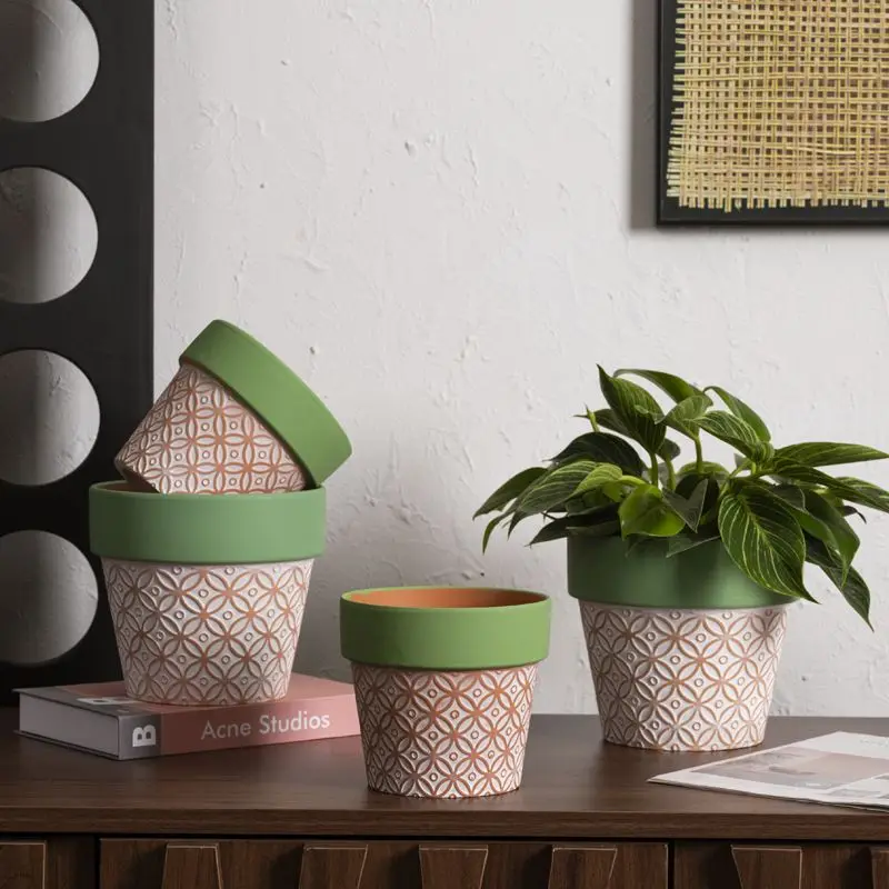 Ceramic Flowerpot Bamboo Weaving Breathable Green Edge Copper Coins Succulent Potted Plant Outdoor Garden Decor Garden Supplies
