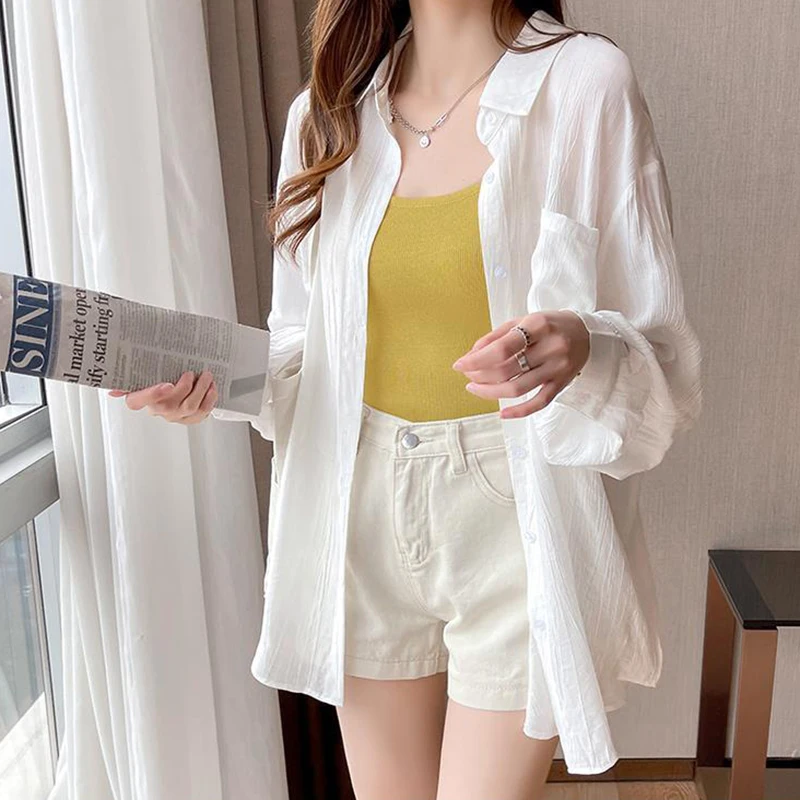 Korean Elegant Women White Shirt Fashion Loose Long Sleeve Simple Blouse Chic All Match Sun Proof Turn Down Collar Tops