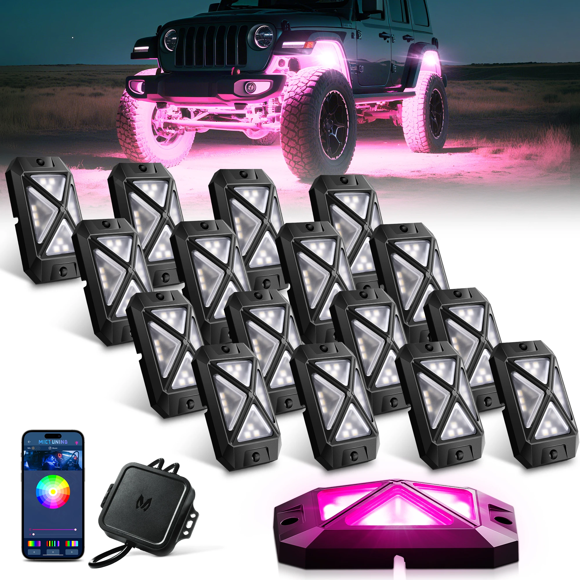 

MICTUNING 16 Pods C4 RGBW LED Rock Lights,4-Sided Design Underglow Neon Accent Lighting Kit,App Control Waterproof For Off-road