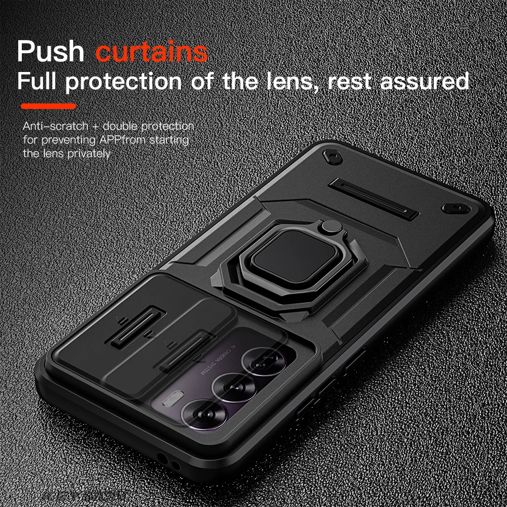 KEYSION Shockproof Case for OPPO Reno 12 Pro 5G Slide Push Pull Camera Lens Protection Ring Stand Phone Cover for OPPO Reno12 5G