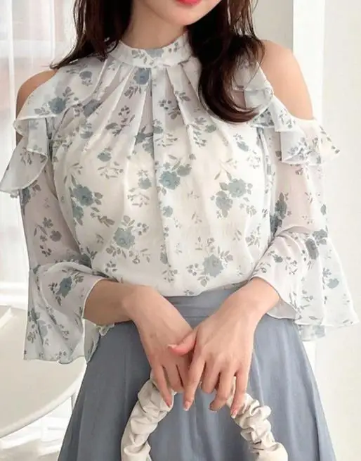 

Chiffon Shirt 2025 Spring/Summer New Elegant Multi functional Off Shoulder Flower Chiffon Women's Top