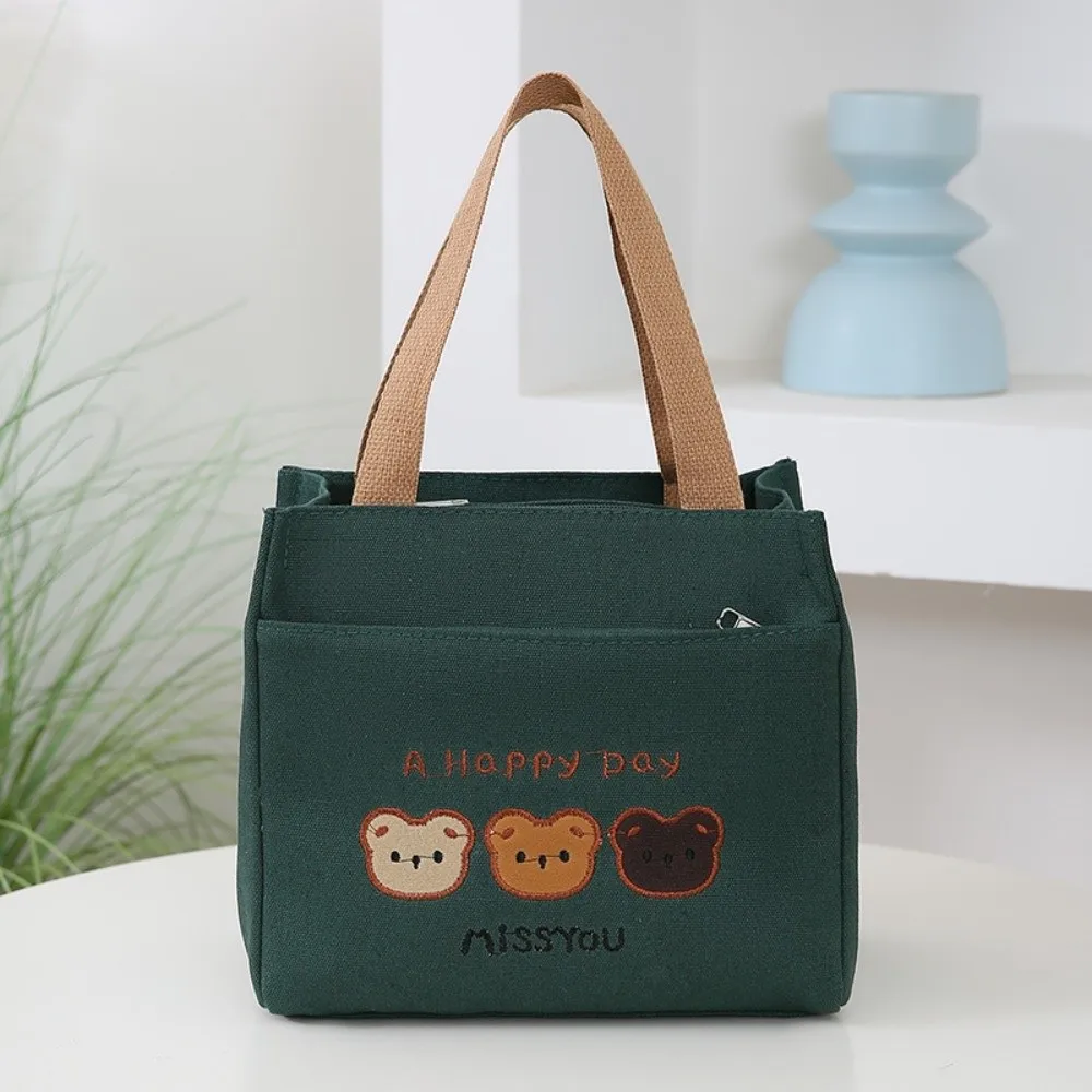 Casual Cute 3 Bears Embroidery Tote Bag Large Capacity Lightweight Storage Pouch Zipper Closure Reusable Canvas Lunch Bag Picnic