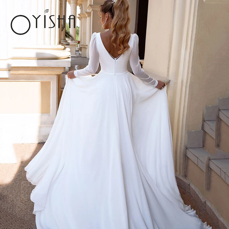 OYISHA Abiti da sposa semplici in chiffon Maniche lunghe con scollo a V Abiti da sposa per donne Sexy Backless Sweep Train Boho spacco alto a-line abiti da sposa affascinante Backless Sweep Train Vestido De Novia