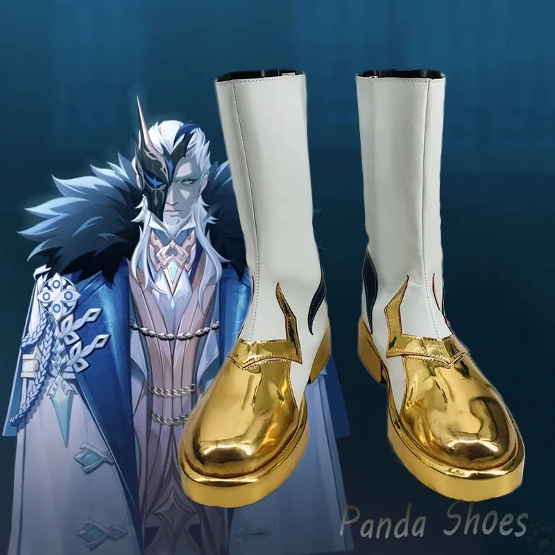 Genshinimpact Fatui Cosplay Tênis, Botas Douradas Brancas para Homens, Jogo Anime, Figurino, Festa de Halloween