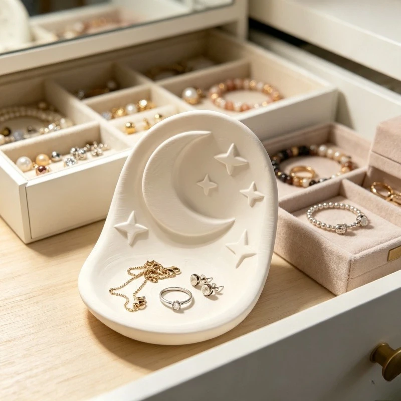 Minimalist Style Moon and Star Relief Jewelry Tray 3D Printed Plastic Storage Dish Makeup Table Ring Earring Desktop Decoration
