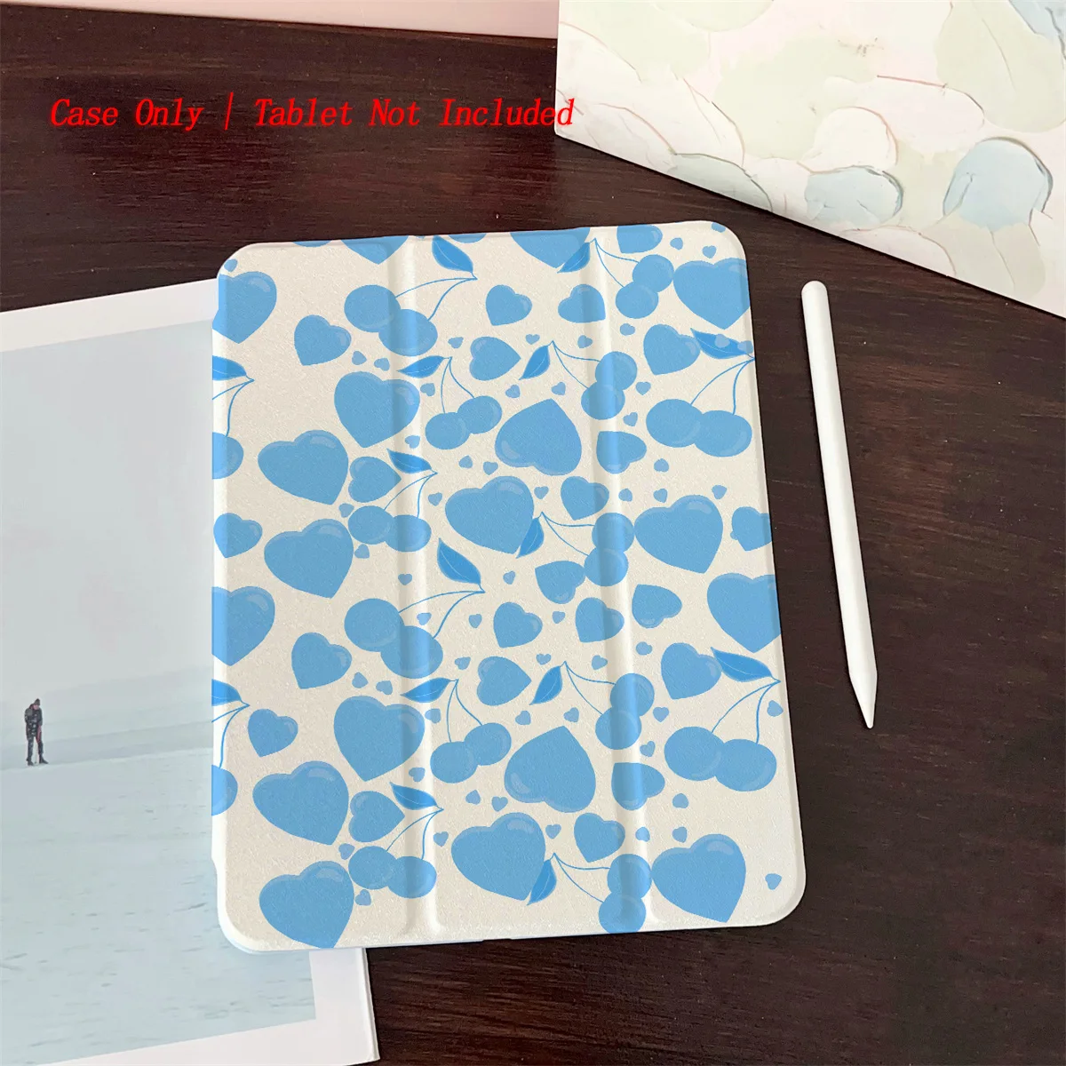 

Cute Solid Color Background+Blue Hearts&Blue Cherries iPad Cover For Apple iPad 10.2 10.9 Inch Air3 Pro 11 Mini6 Shockproof Case