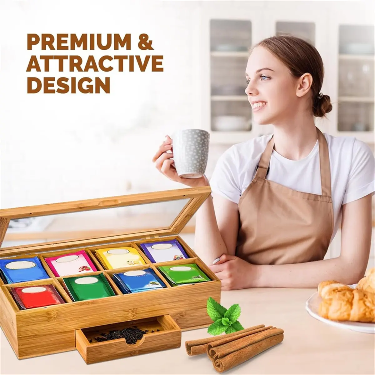 

NEW Tea Bag Organizer - Bamboo Tea Box Storage with Drawer & Acrylic Window, Tea Organizer Holder, Tea Bag Holder