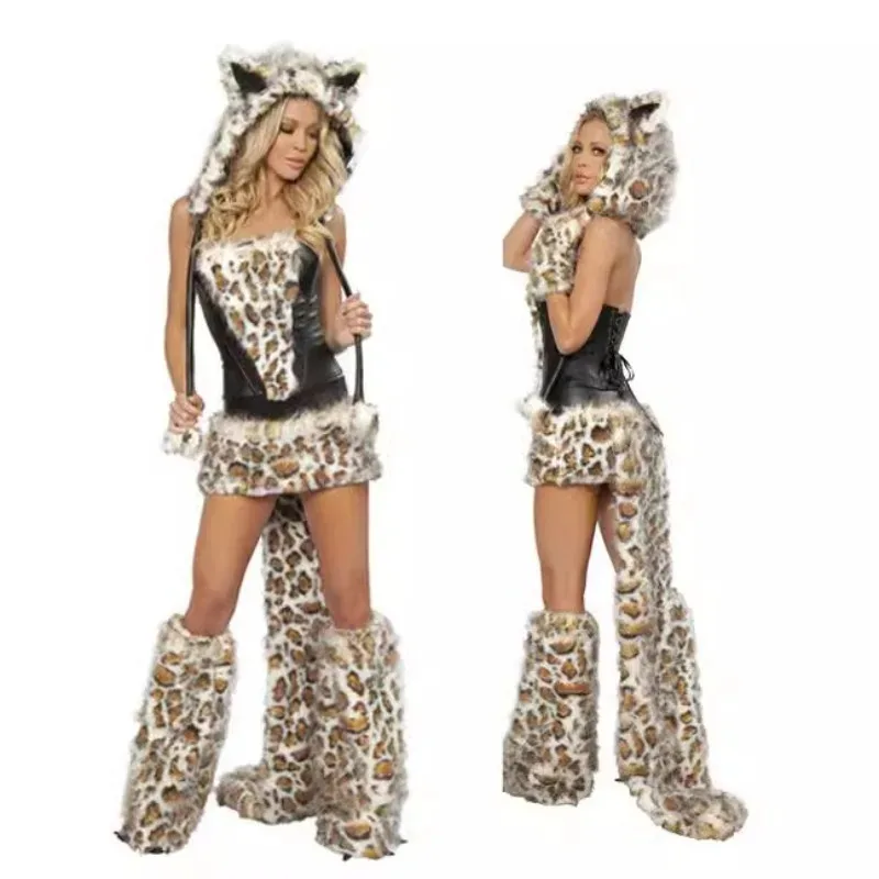 

Woman Sexy Leopard Y2K 2000s Animals Costume with Tail Fursuit Catwomen Roleplay Hooded Dress Carnival Halloween Cosplay Party