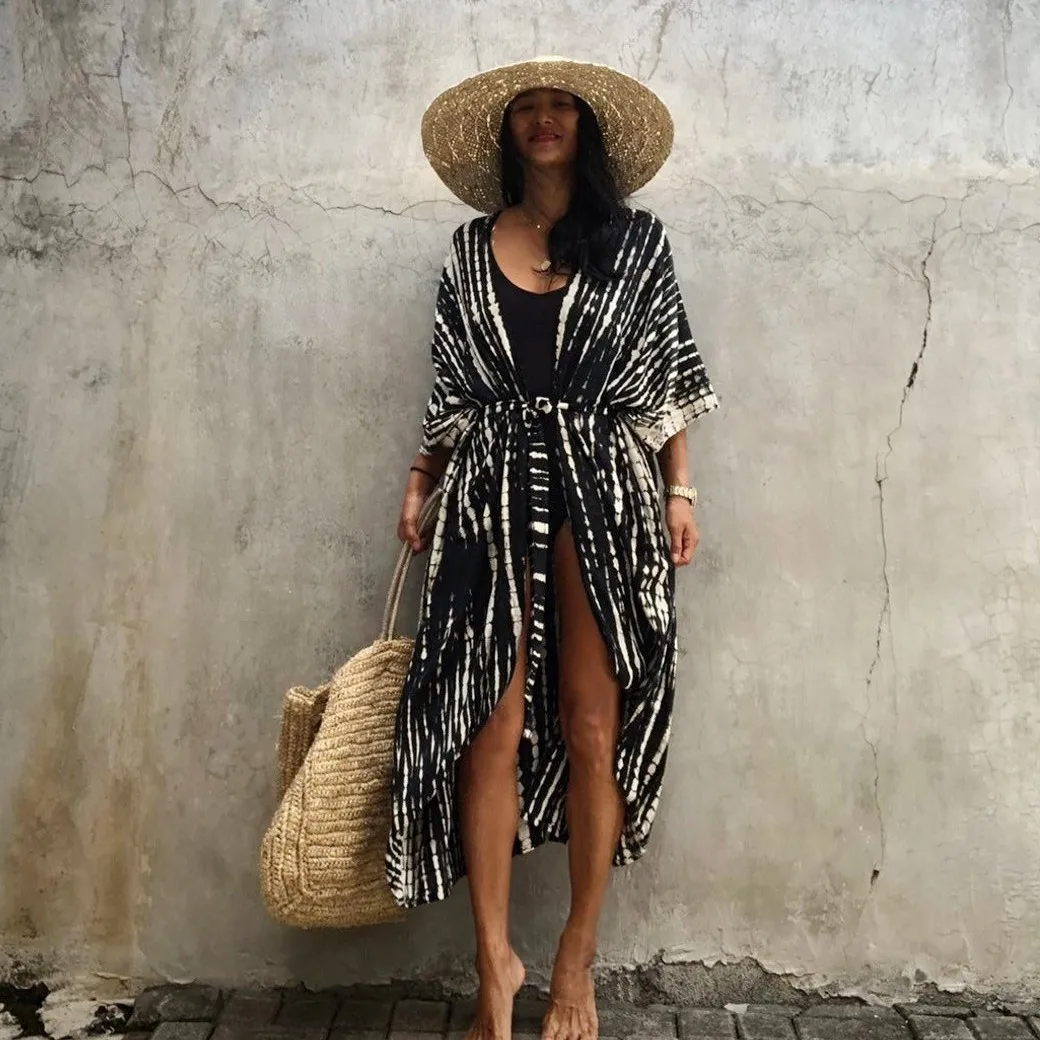 الصيف خمر كيمونو ملابس السباحة هالة الصباغة الشاطئ التستر مع الزنانير المتضخم سترة طويلة عطلة مثير يغطي