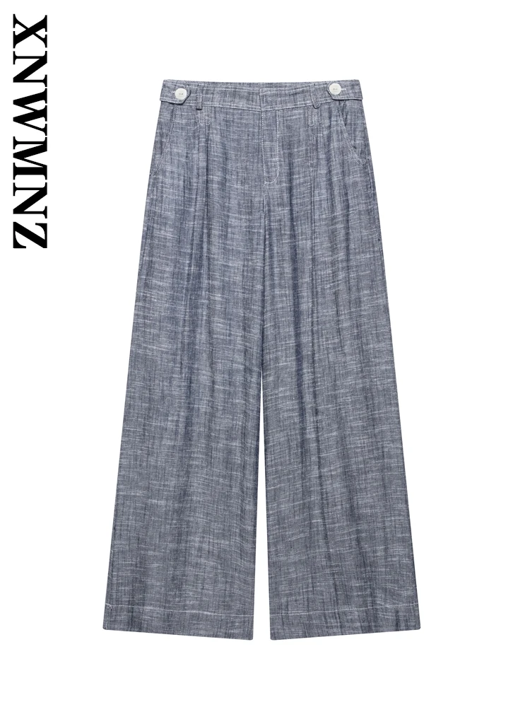 

XNWMNZ 2025 Summer Lady Japanese Button Long Pants Wide Leg Pants Elegant Woman High Waist Ruffles Regular Fit Pockets Bottoms