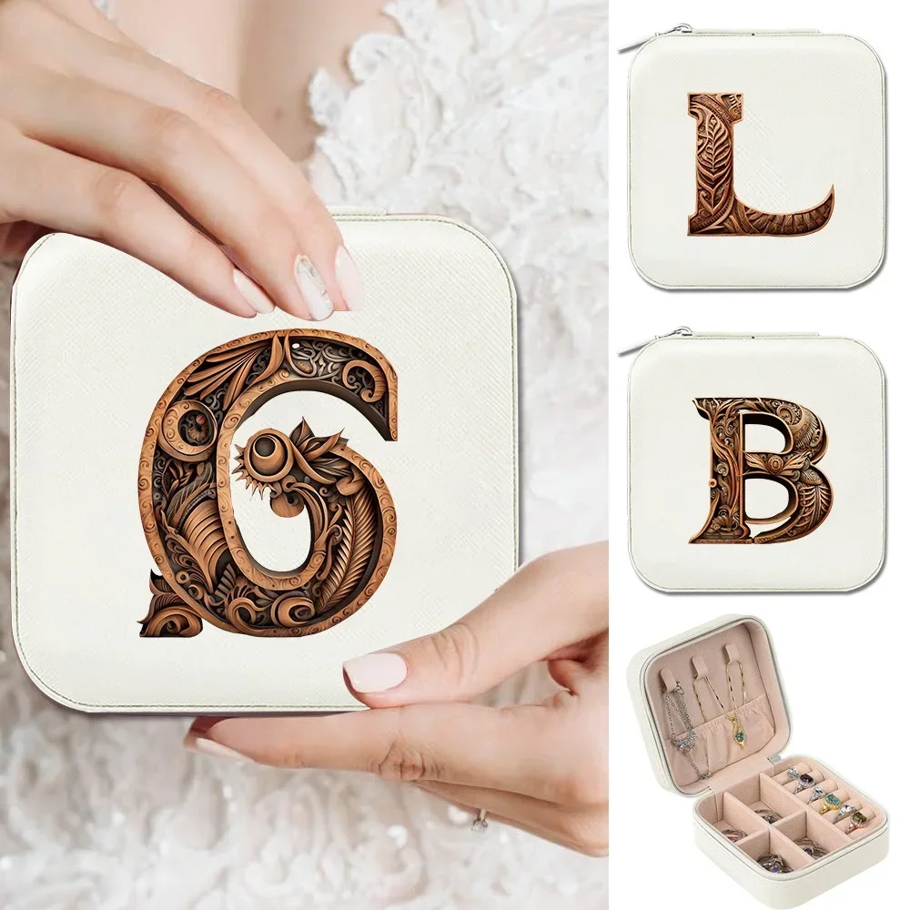 Travel Jewelry Case Jewelry Box Organizer Leather Storage Earrings Necklace Ring Jewelry Organizer Wood Art Letter Pattern