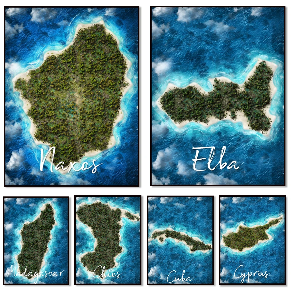 شيوس، بيلوبونيز، إلبا، قبرص، ناكسوس، لا جوميرا، أوبوا، كوبا، إيبيزا، جافا، مدغشقر، ملصق خريطة ساموا