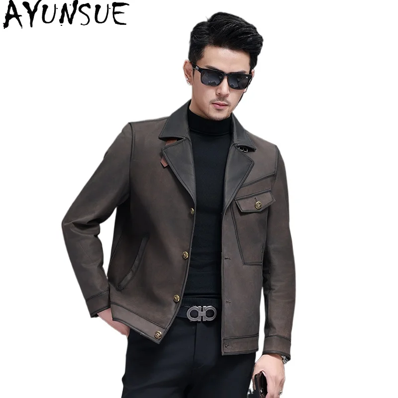 AYUNSUE High-end Top Layer Cowhide Jacket Man Leather Coat Suit Collar Short Autumn Winter Cycling Motorcycle Leather Jackets