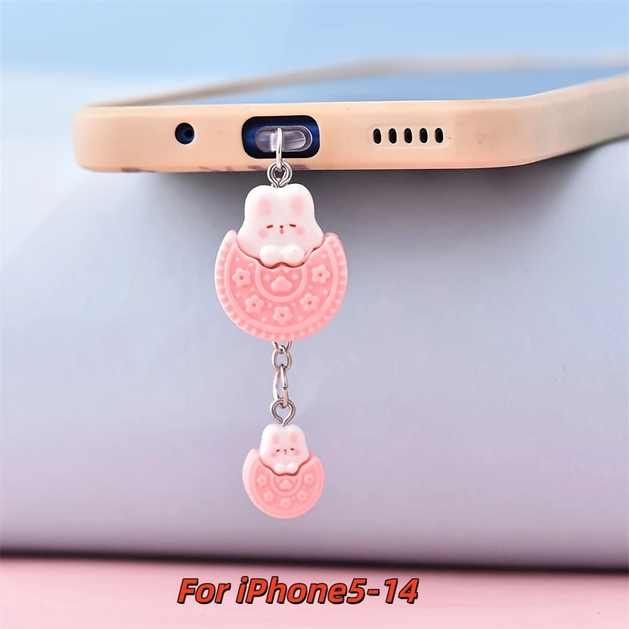 Mobile Phone Dust Plug, Pink Biscuit Rabbit Pendant, Mobile Phone Decoration Dust Plug, Suitable for iPhone and Type-C view 5