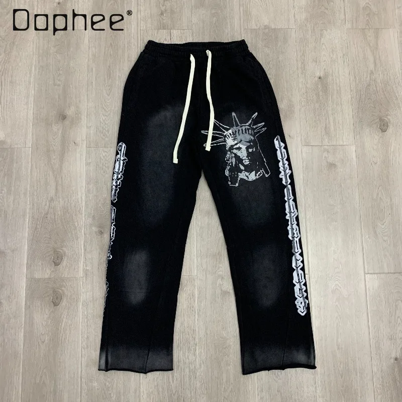 American High Street Fashion Washed Rhinestone Vintage Distress Hoodies Sweatpants Two-piece Set Men Clothing Trendy Pants Set
