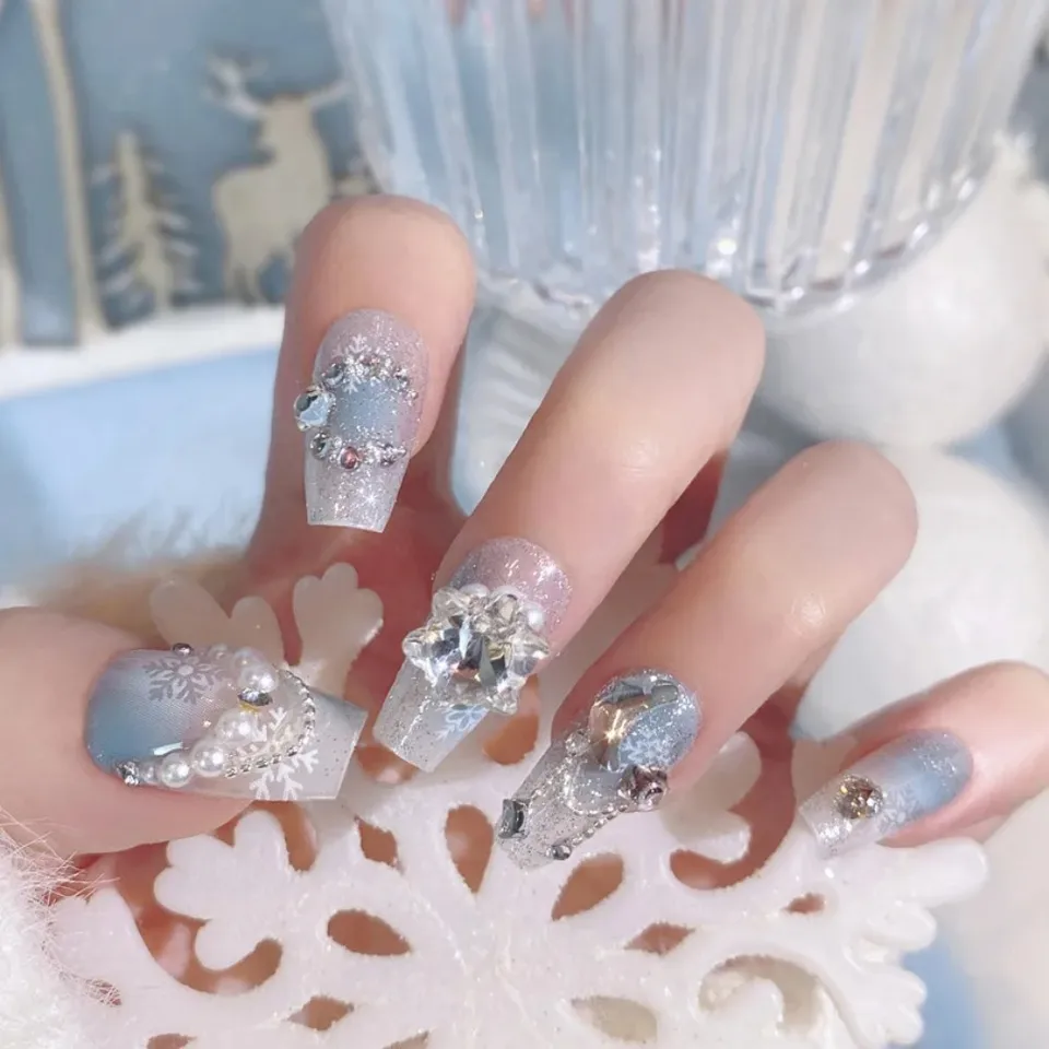 24 uñas postizas para chicas, cobertura completa, dulces y lindas con moño, diseño de cristal rosa, coreanas 4