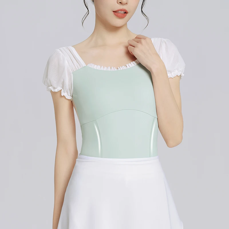 Ivoogle المرأة ساحة طوق نفخة الأكمام رداء رقص الباليه الكبار شبكة الربط الجمباز ارتداءها Dancewear