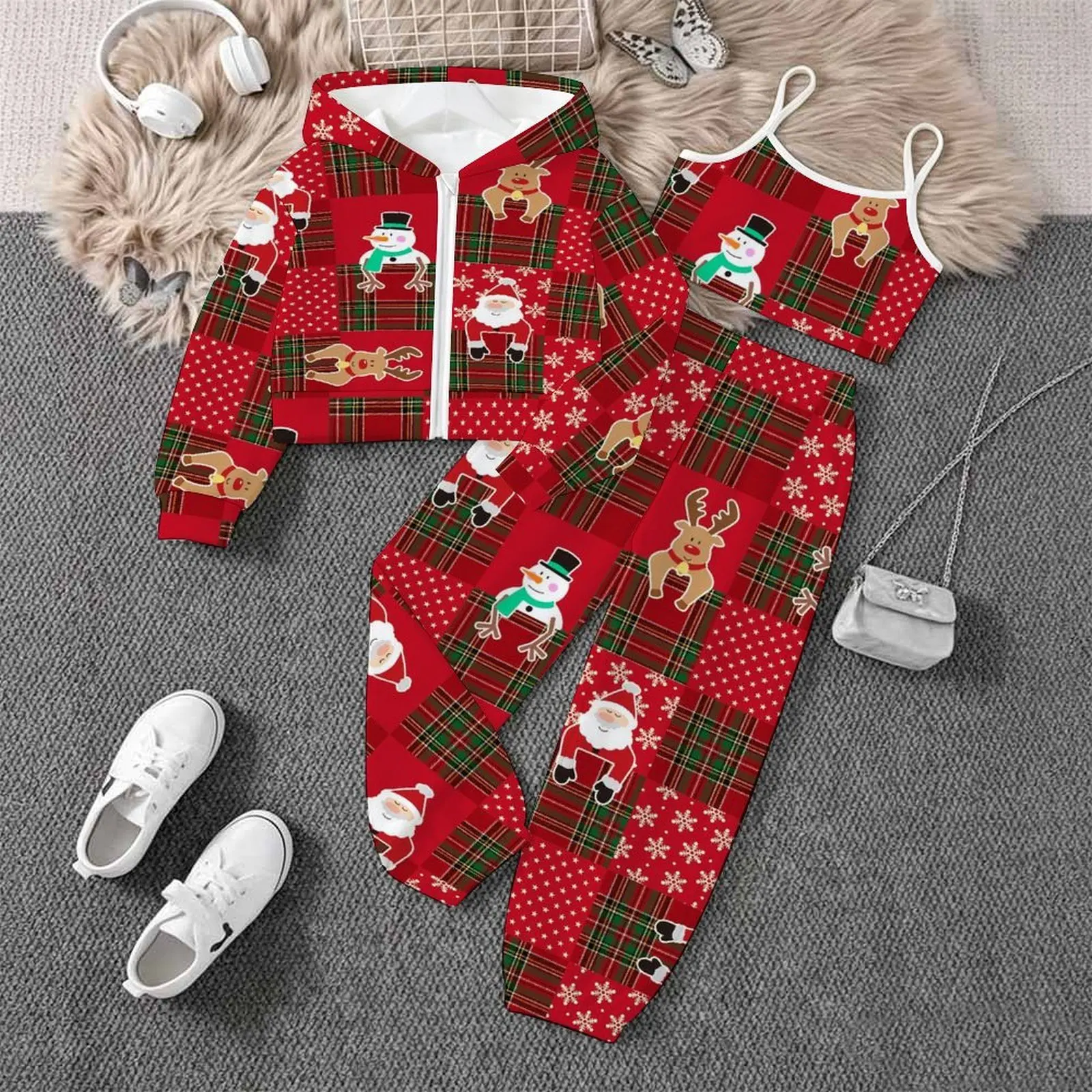 Autumn Winter Girls Hooded Outwear Christmas Print Three-Piece Set Fashion Tank Tops Kids Jogging Pants Trendy Long Sleeve