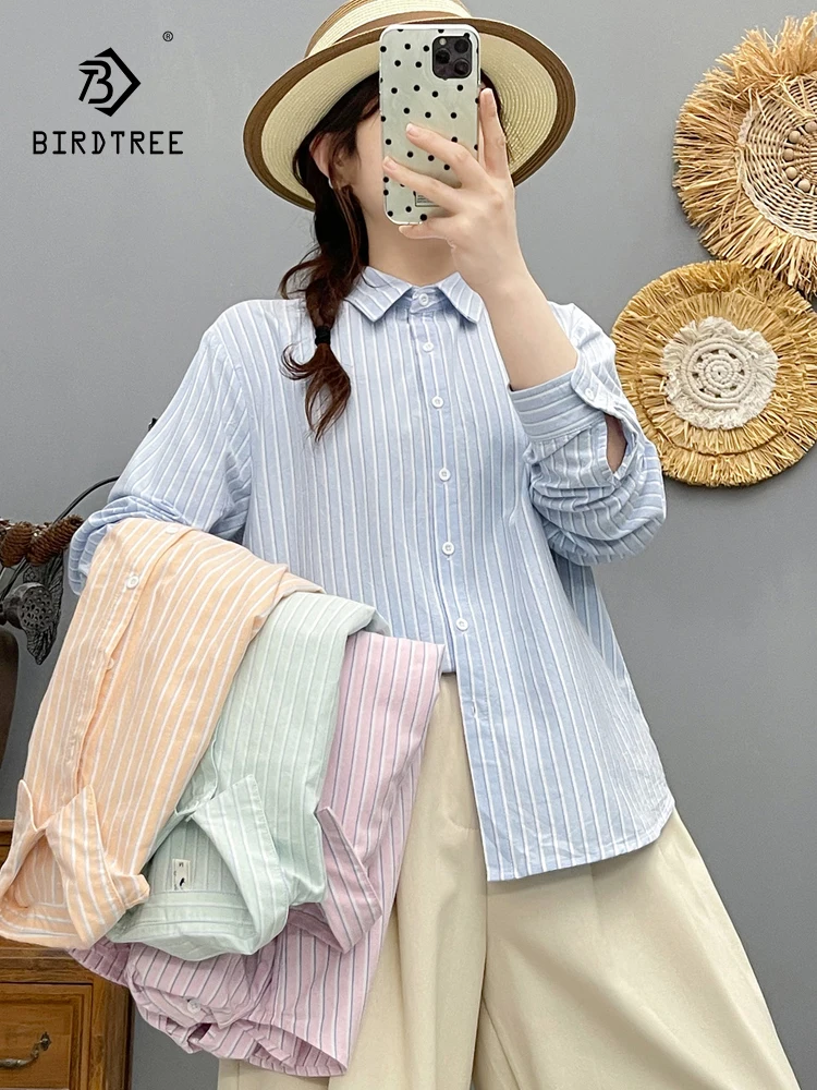 

New 2025 Autumn Cotton Long Sleeve Shirt, Women Turn-down Collar Striped, Mori Girl Fashion Office Lady Loose Blouse T58816CC